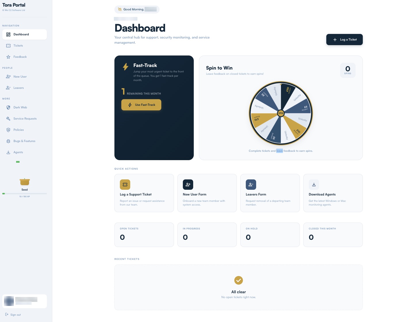 The Tora Portal dashboard: open, in-progress, on-hold and closed tickets this month, recent tickets and quick actions