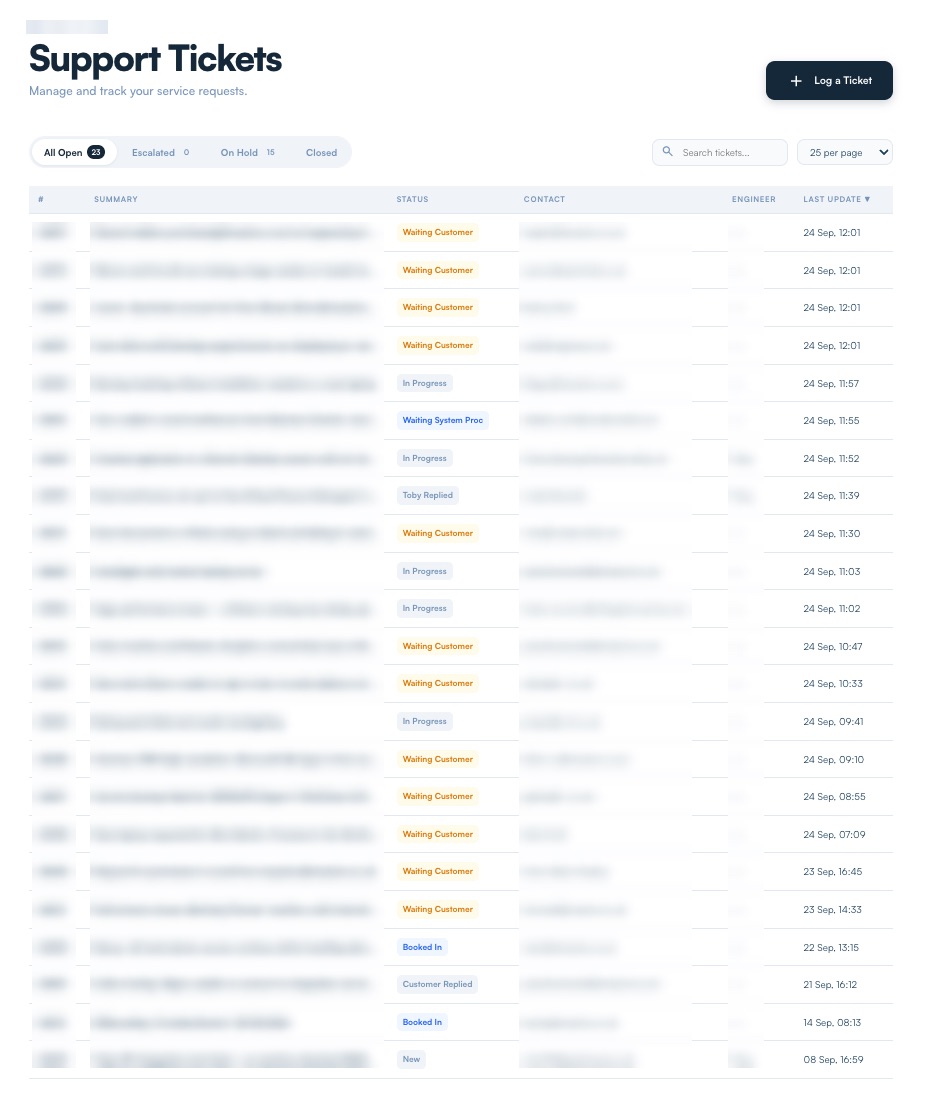 The Support Tickets page listing every ticket with status, contact, engineer and last update