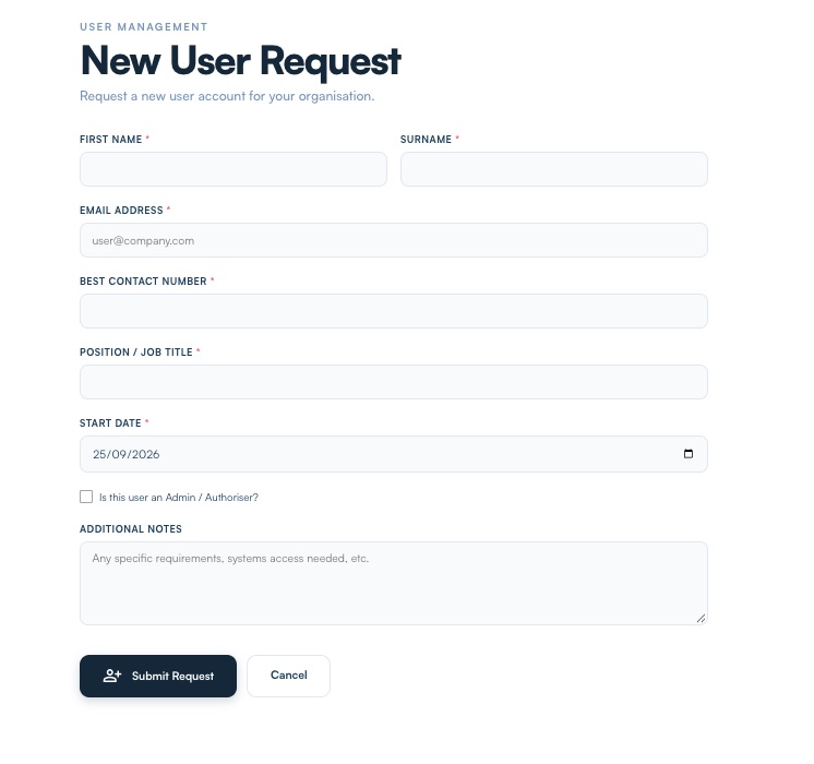 The New User Request form