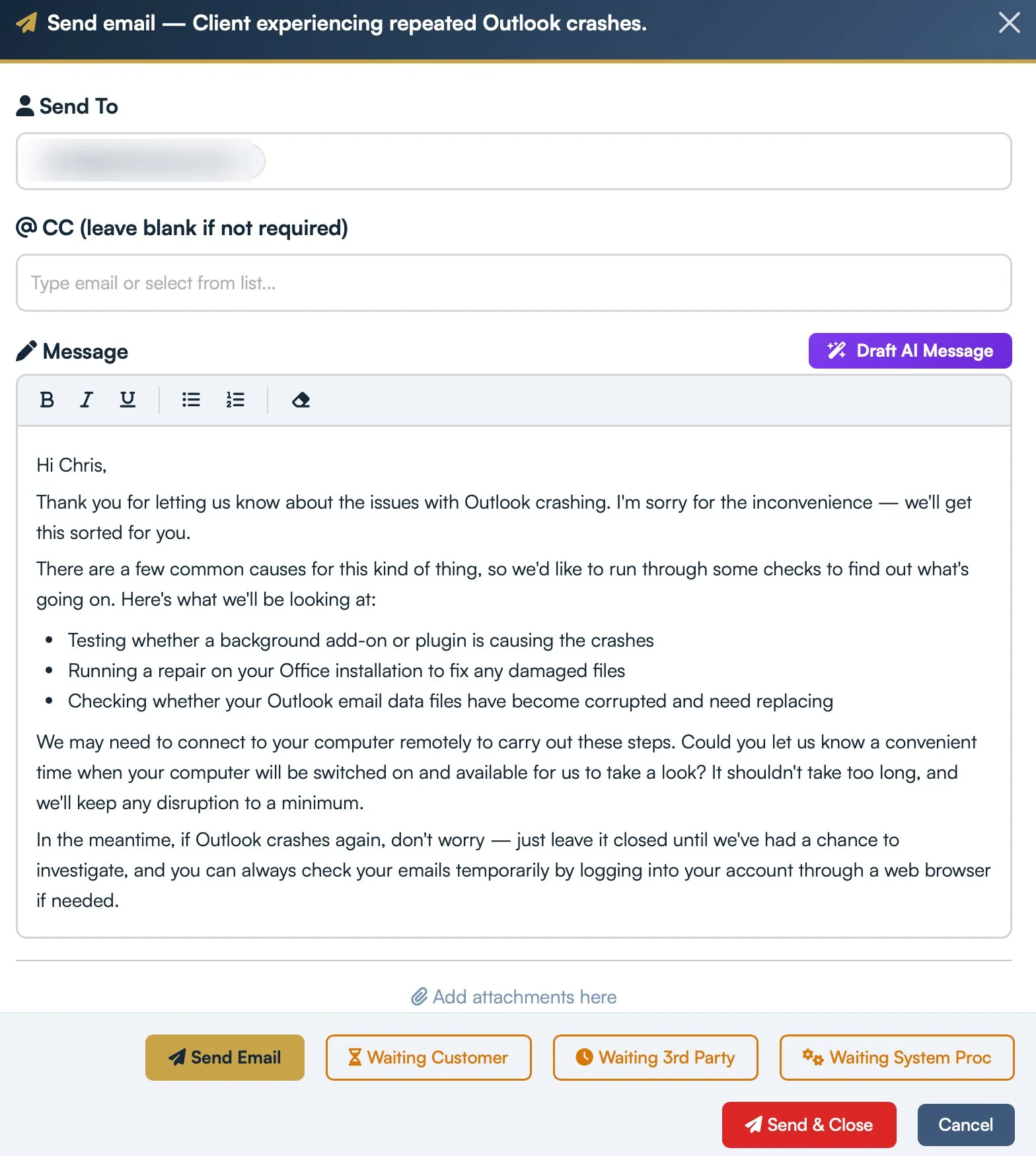 AI-drafted response detail view