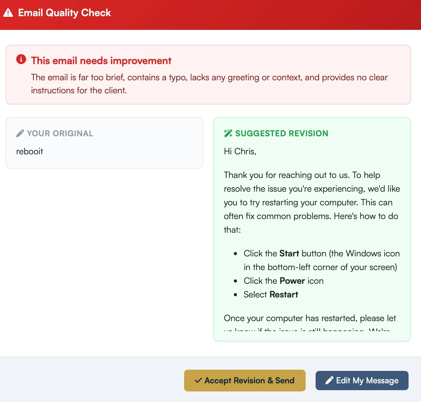AI email quality check with suggested revision